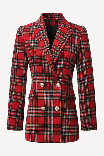 Red Plaid Tweed Blazer de doble pecho para mujer